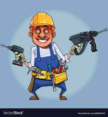 Cartoon funny builder with tools on circle Vector Image